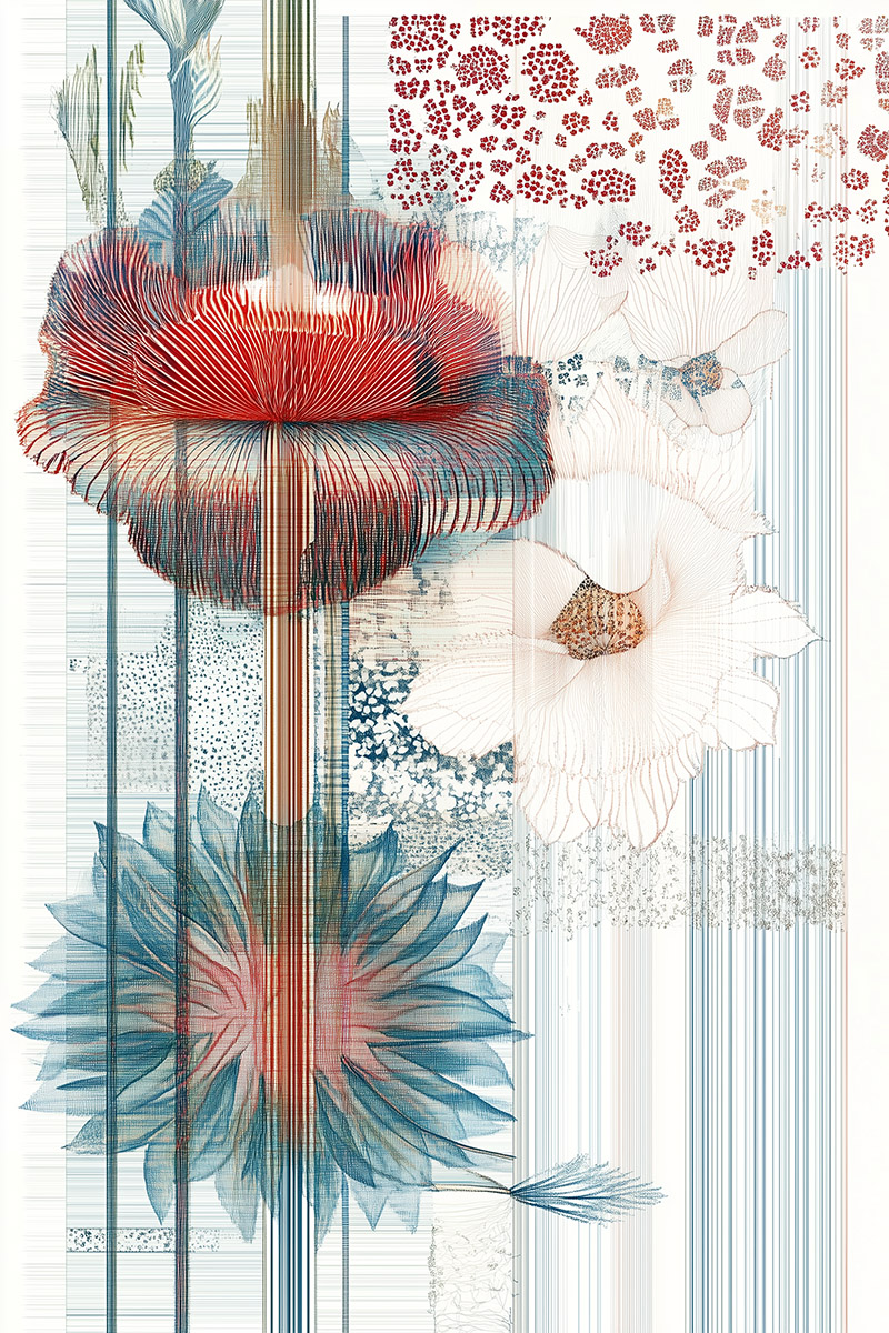 Red and blue abstract pattern evoking fragmented memory, elegant wall decor motif