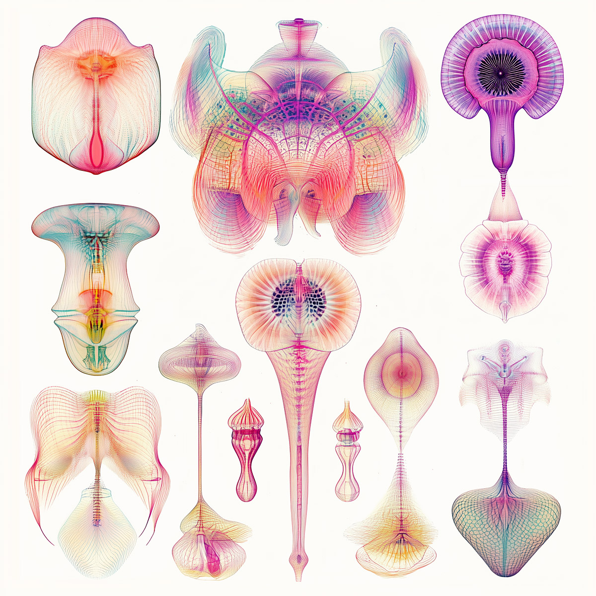 Sci-fi blueprint aesthetics of invertebrate forms, ideal for immersive decorative surfaces on white