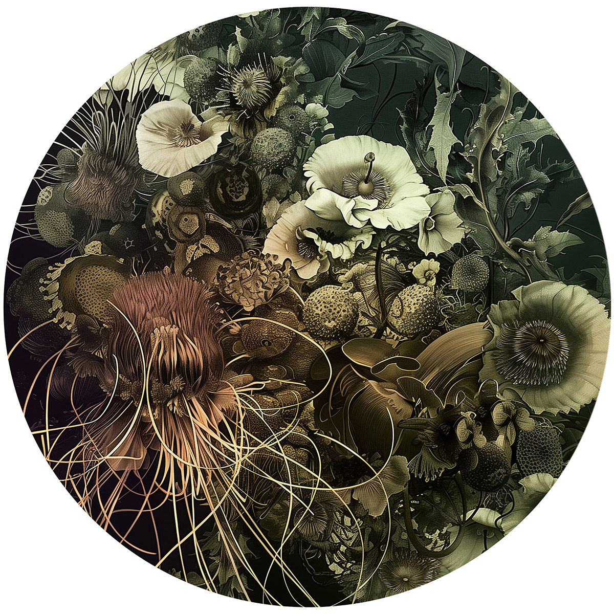 Circular plate design showing chaotic embrace of mysterious flowers