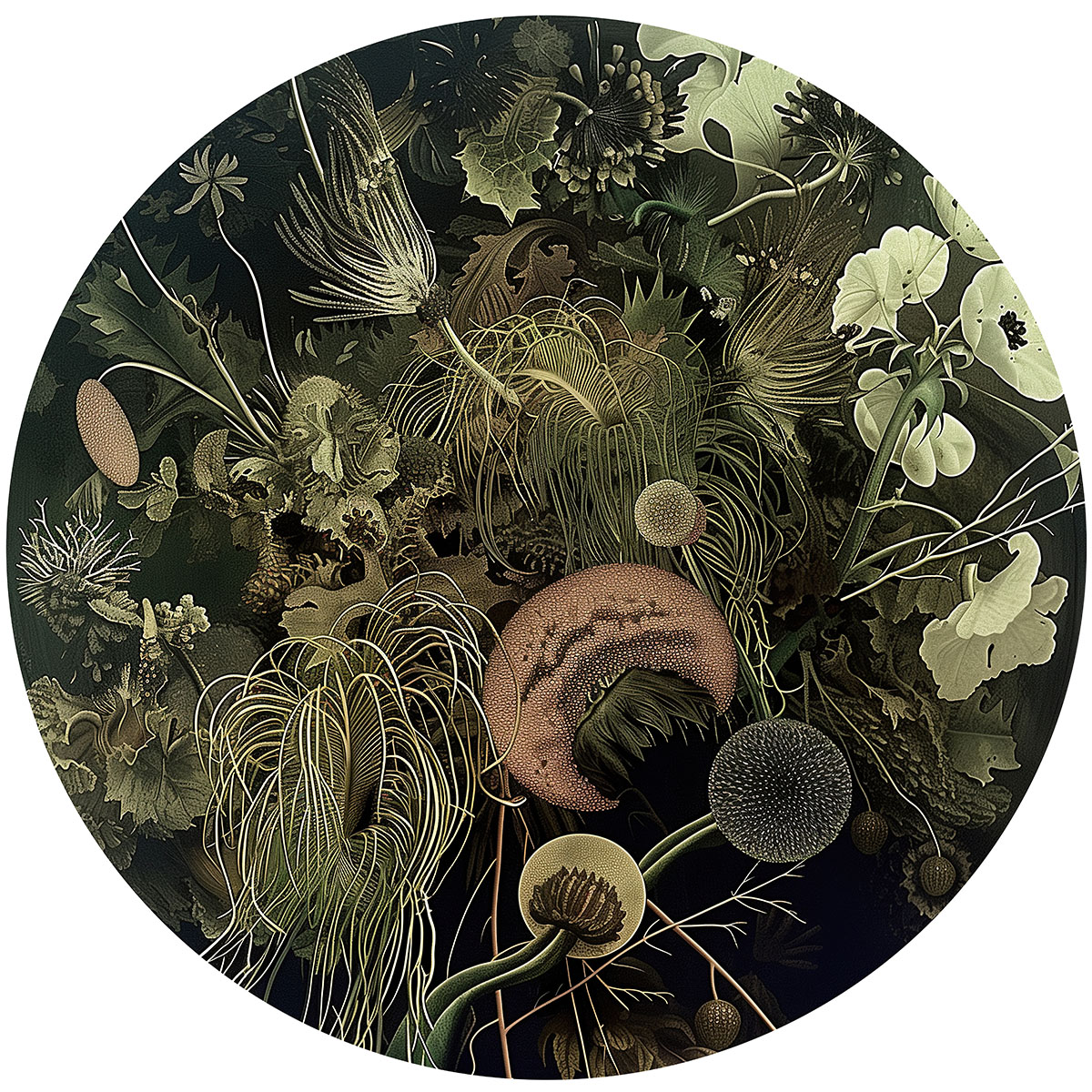 Mysterious circular flora pattern titled 'Enigmatic Flora' for plate