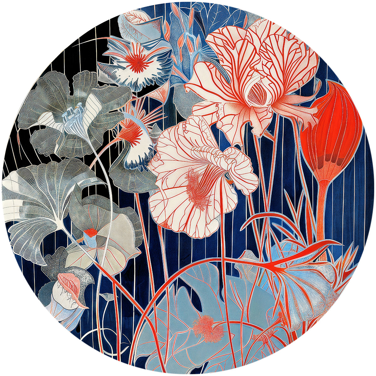 Circular floral pattern titled 'Flowers of Silence' for luxury plate