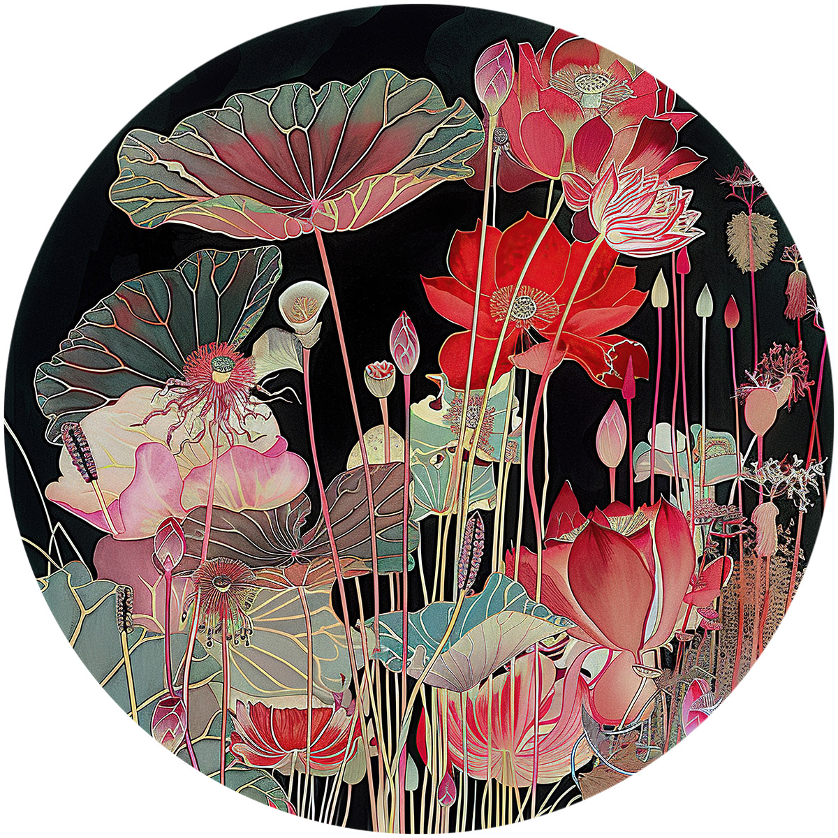 Tondo plate illustration featuring the heart of a lotus flower