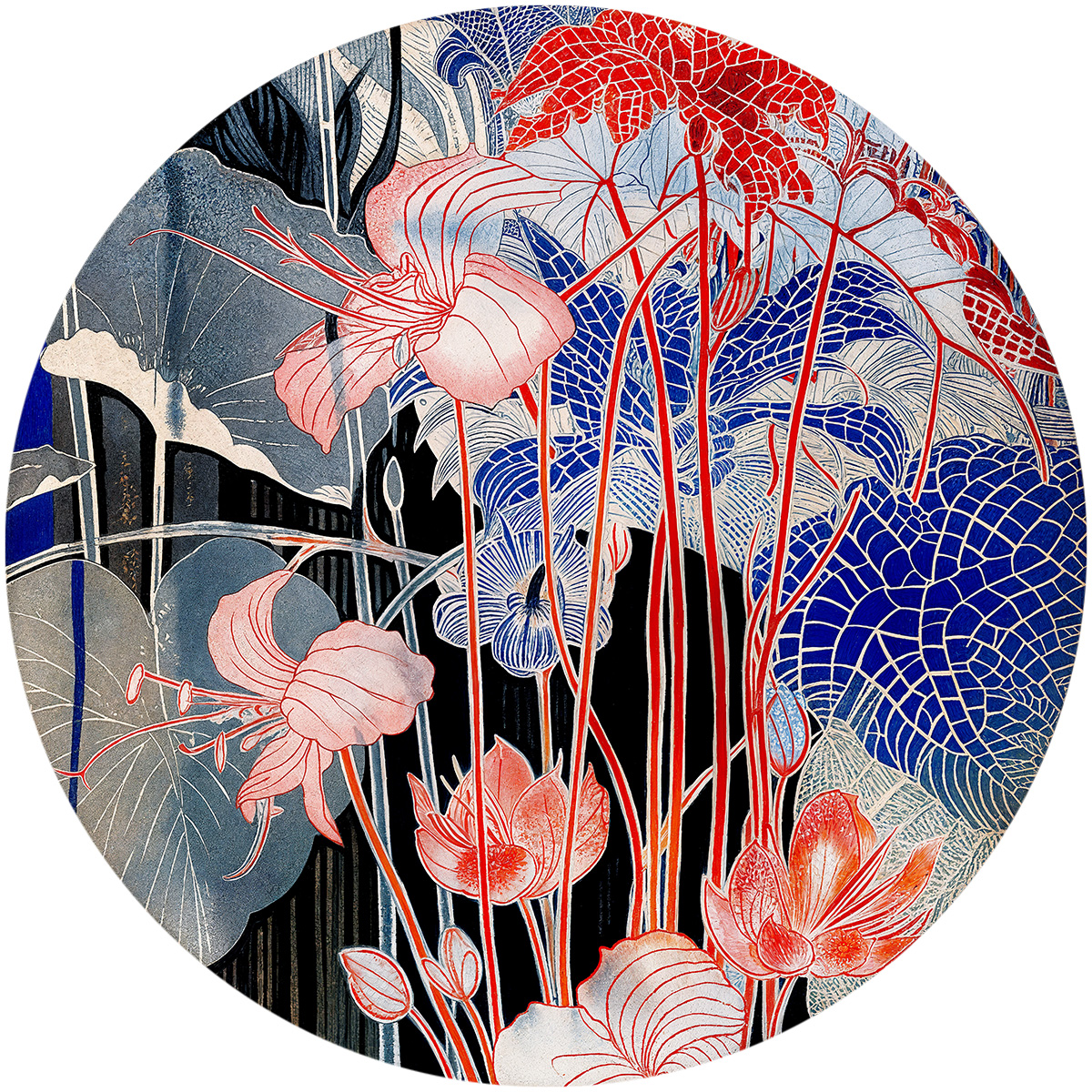 Tondo plate with Japanese-style flower pattern illustration