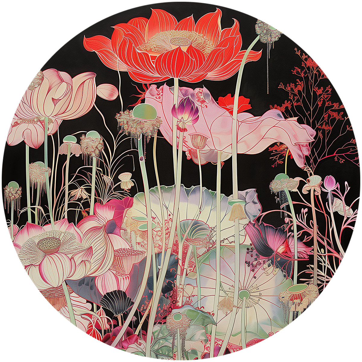 Floral plate motif titled 'Lilies Whisper' with delicate circular design