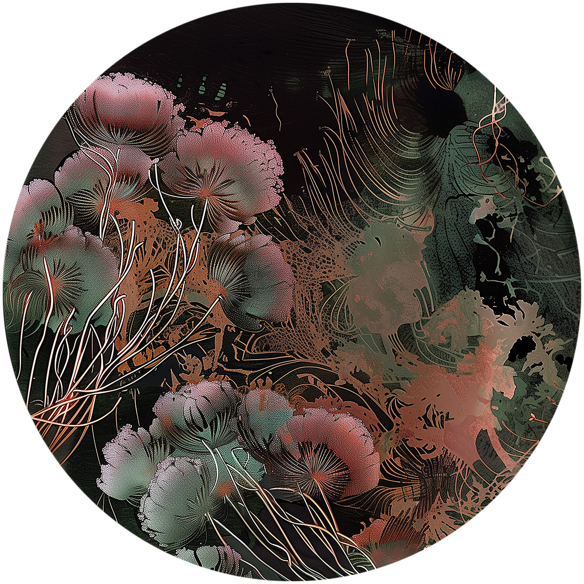 Circular plate illustration with oxidized copper bloom design