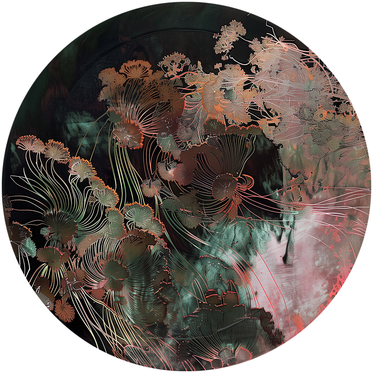 Oxidized copper-toned floral pattern for decorative plate