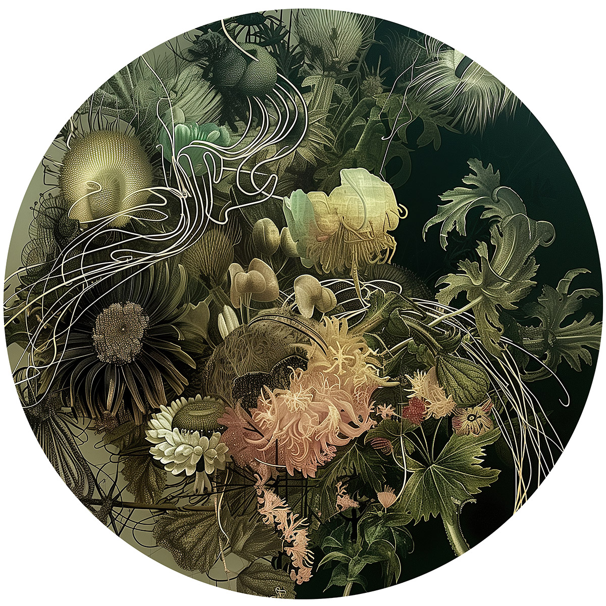 Tondo plate illustration of strange flowers in disordered harmony
