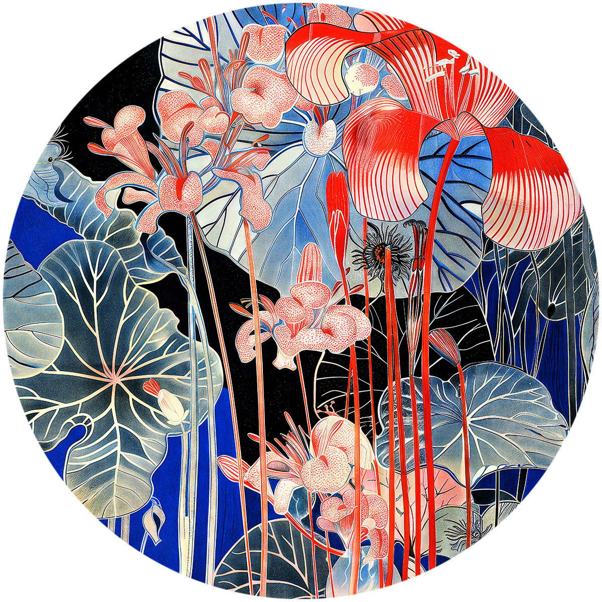 Tondo plate design with watery petal illustration
