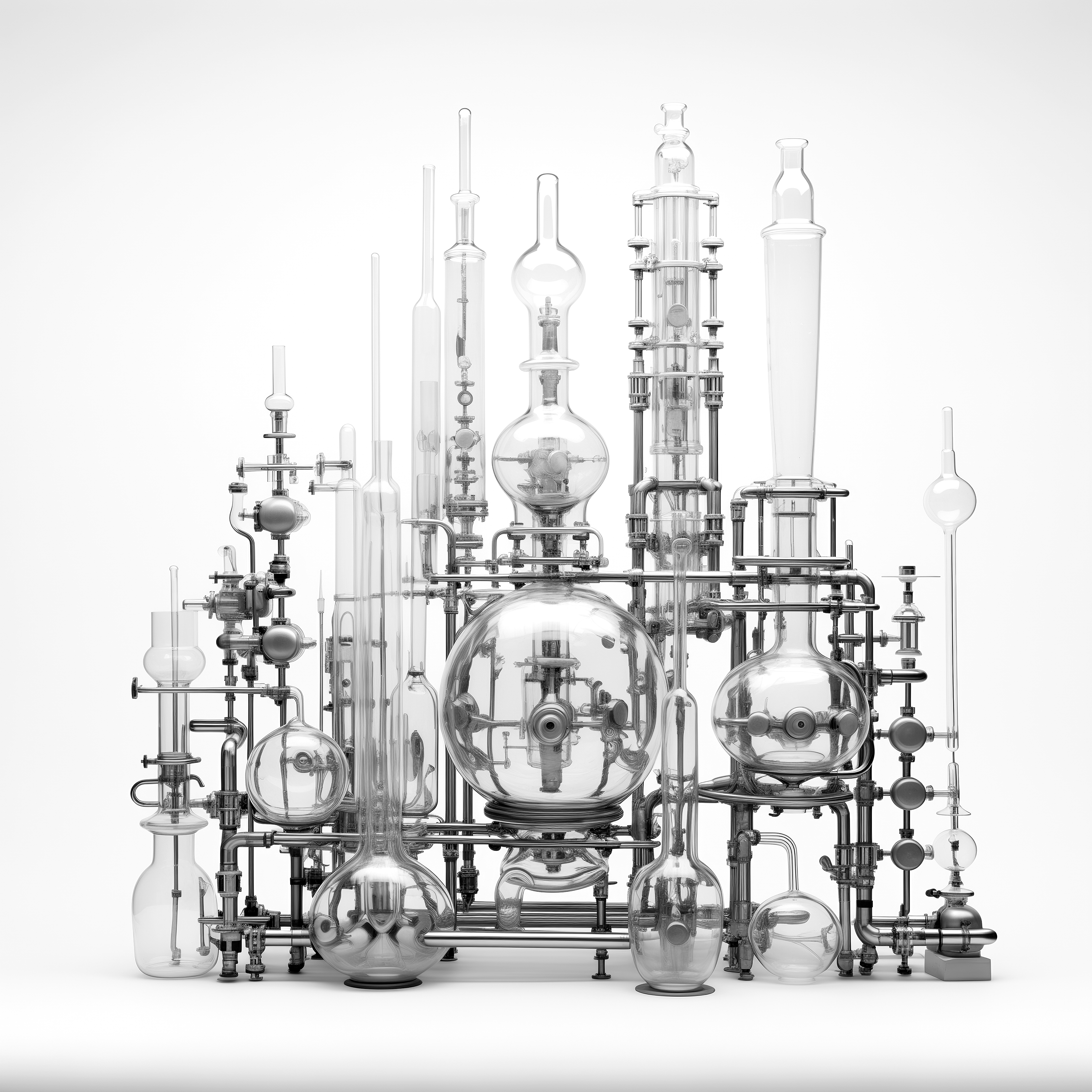 A black and white photograph on a white background of a glass still distillator.