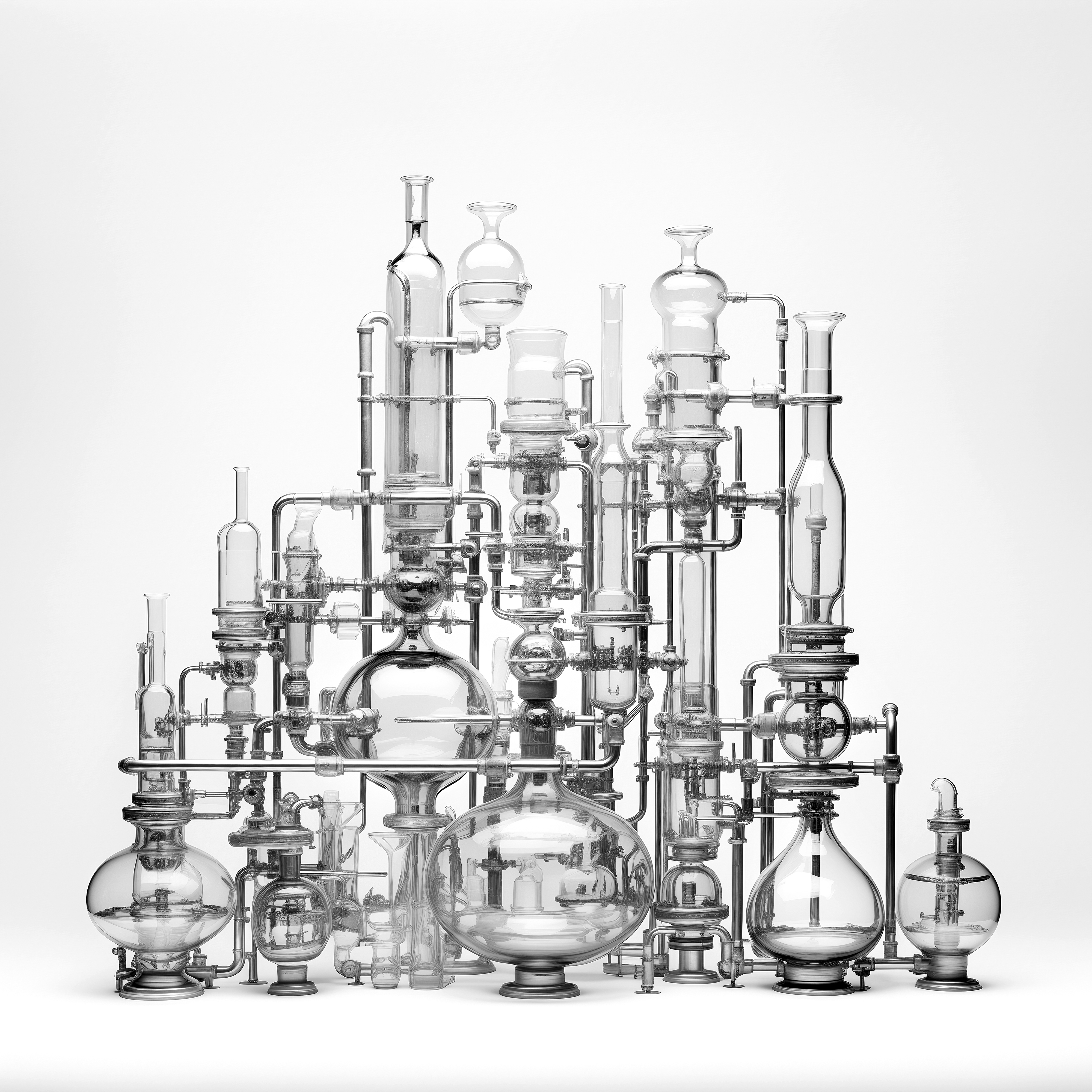 An artistic installation, composed of chemical laboratory glassware