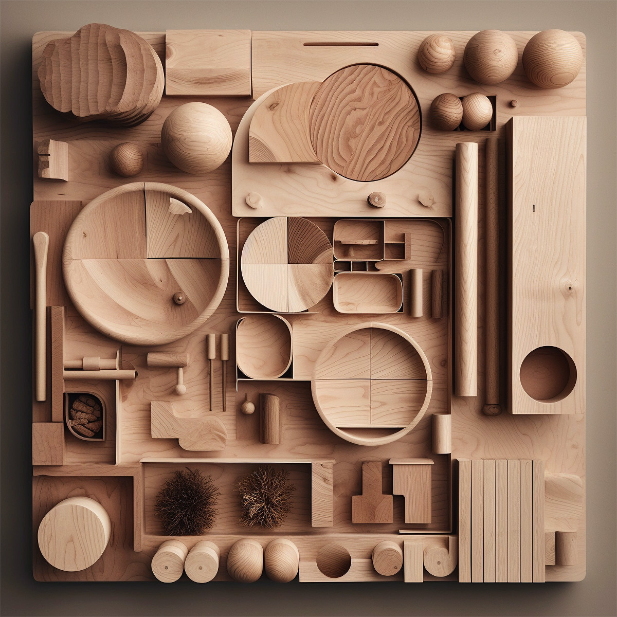 Minimal knolling decorative wood shapes