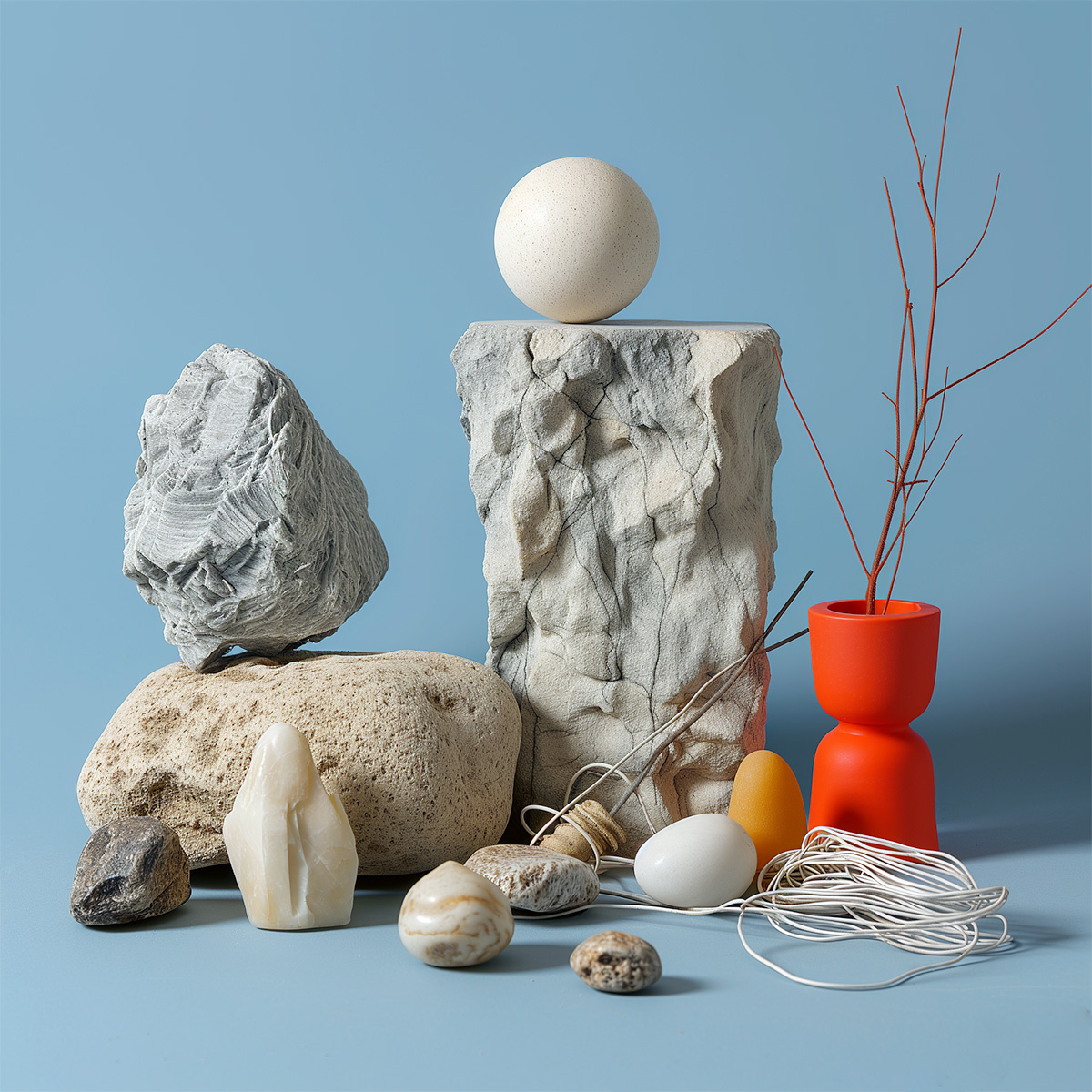 A graphic still life with stones, various unreal colored objects, blue background