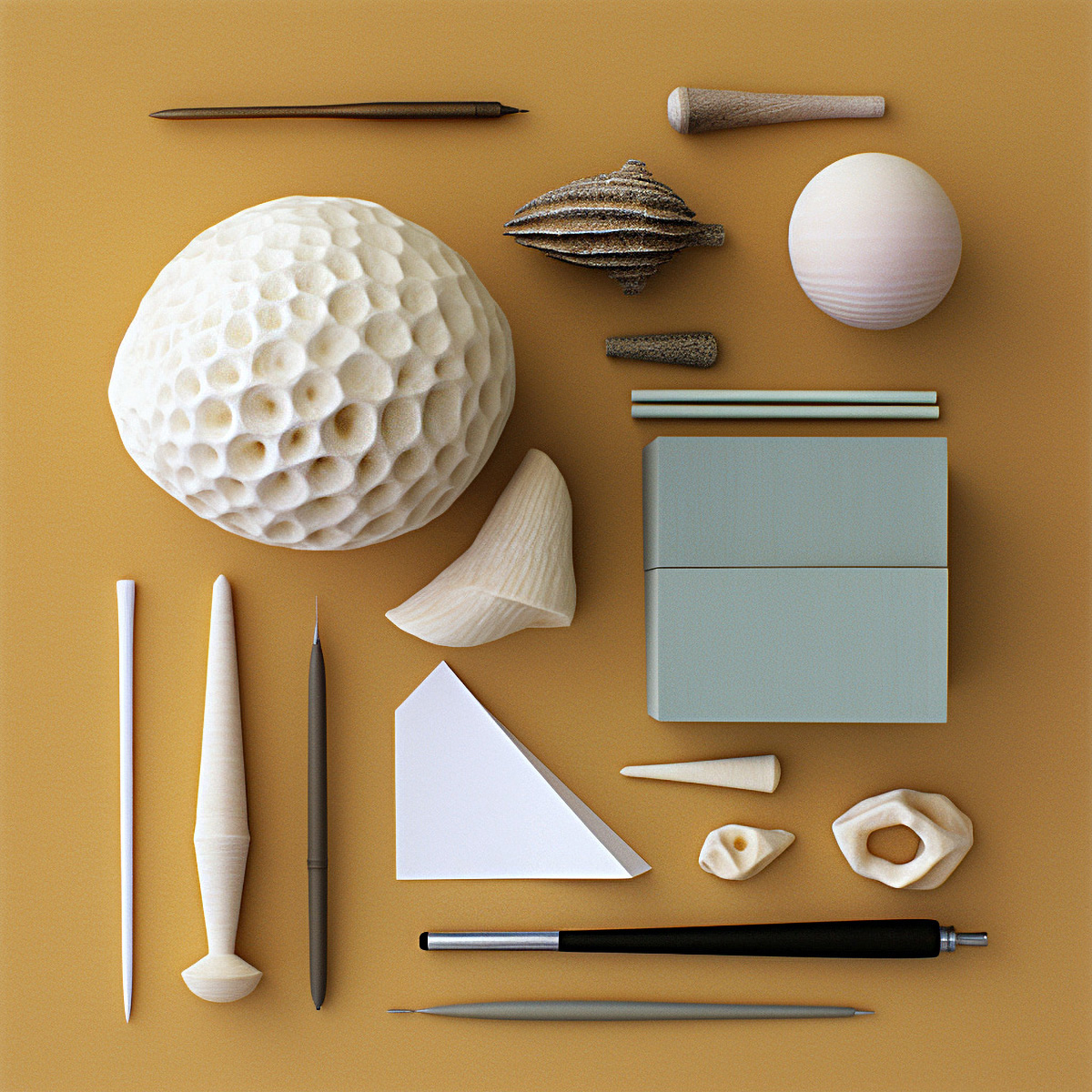 A graphic flat lay of various unreal naturel objects
