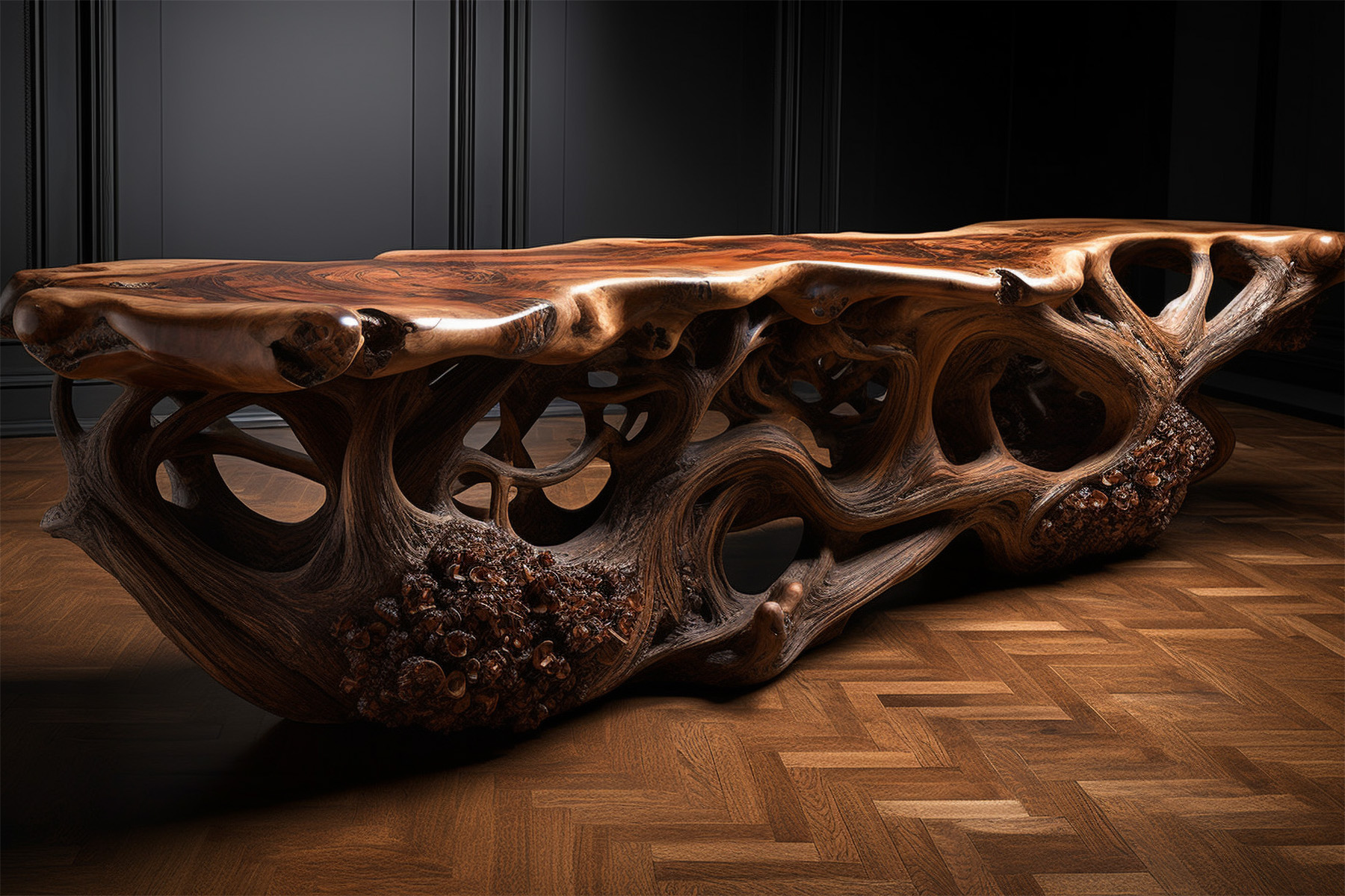 A monumental wood table made of tree root