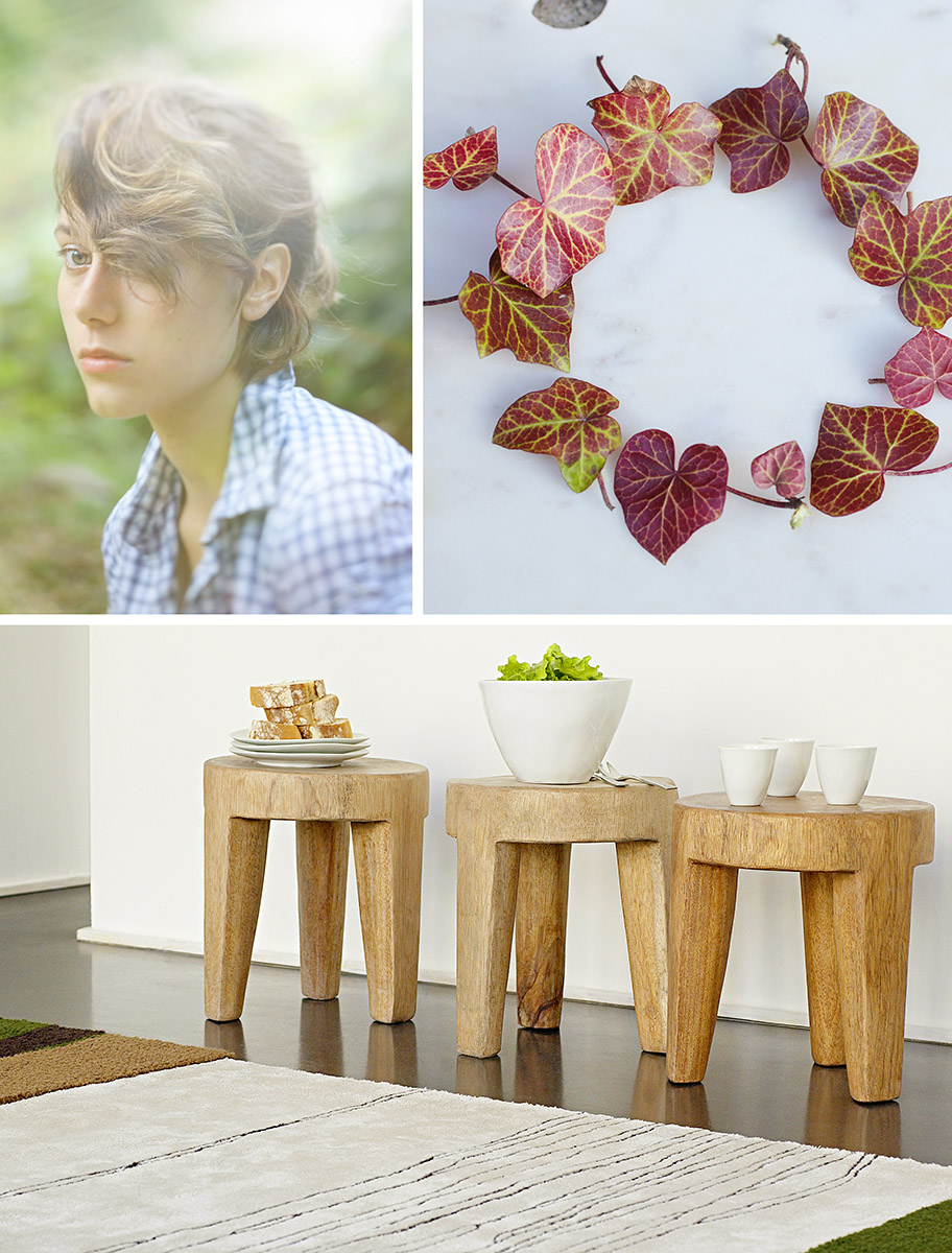 Tabouret en bois brut, couronne de feuilles de lierre, portrait adolescente