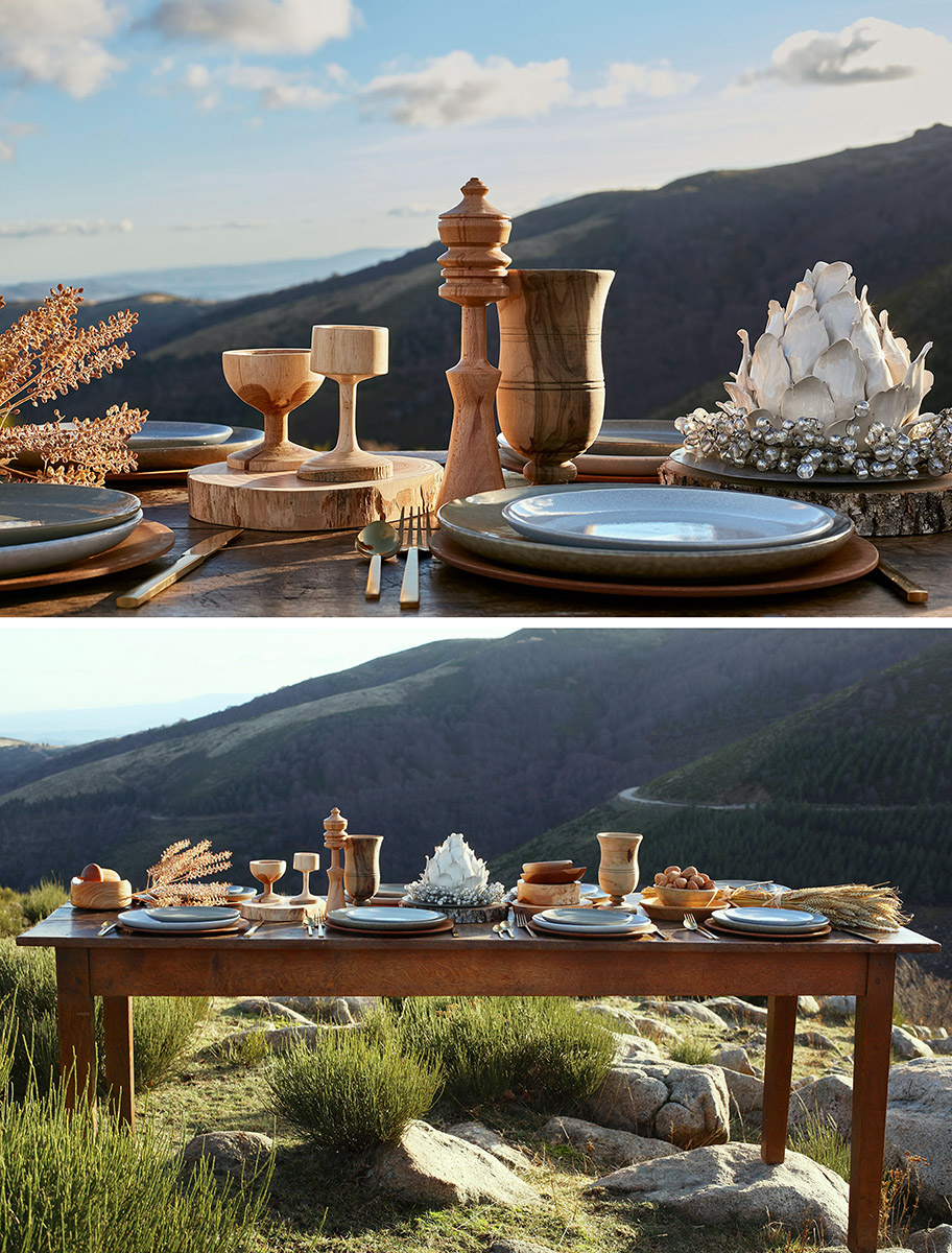 Table de fête dressée en pleine nature, thême nature et bois tourné