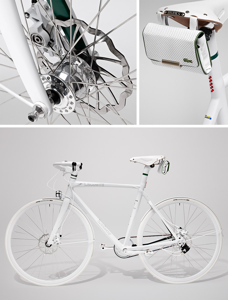 Vélo prototype Lacoste / Look, blanc, frein à disque, pochette à outils