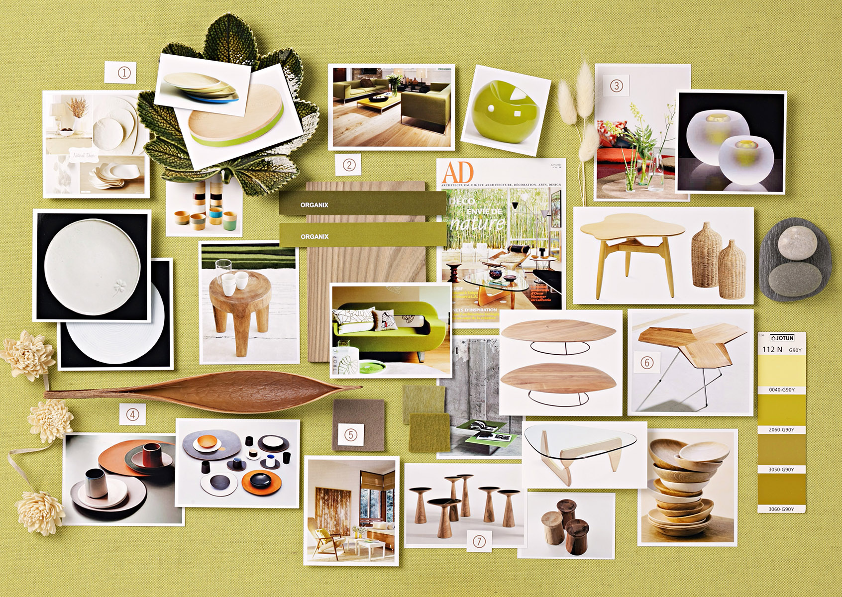 Moodboard décoration intérieure, tons vert et bois, kaki, gris