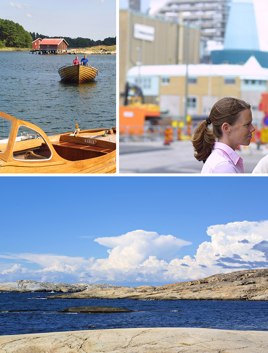 Barque en bois, jeune fille et paysage littoral suédois près de Resö