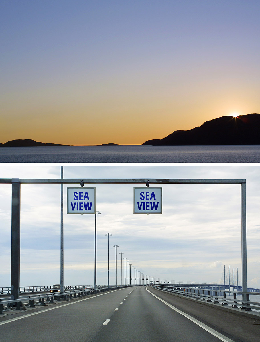 Mer calme, couché de soleil, pont autoroute E20 entre Copenhague et Malmö