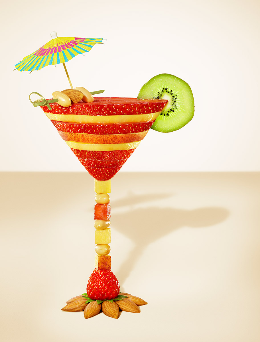Campagne publicitaire, Apérifruit - verre cocktail de fruits : fraise, ananas, kiwi, pêche, cacahuete, amandes