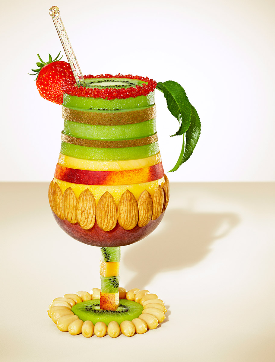 Campagne publicitaire, Apérifruit - coupe cocktail de fruits : kiwi, pêche, cacahuete,